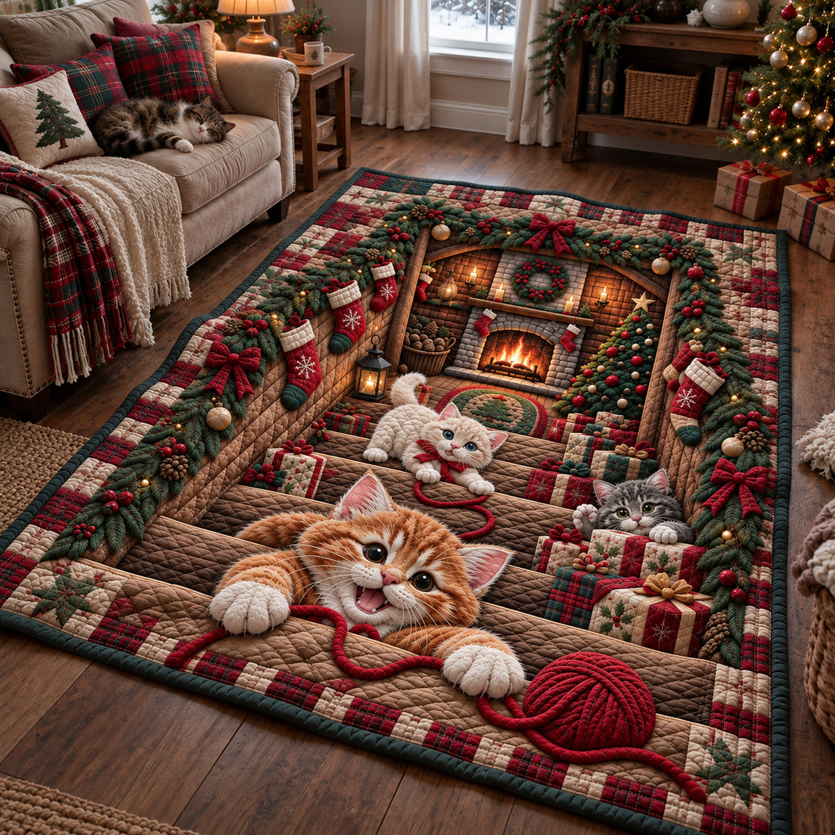 Christmas Kitten Fireplace Portal Area Rug GFTOPND3694