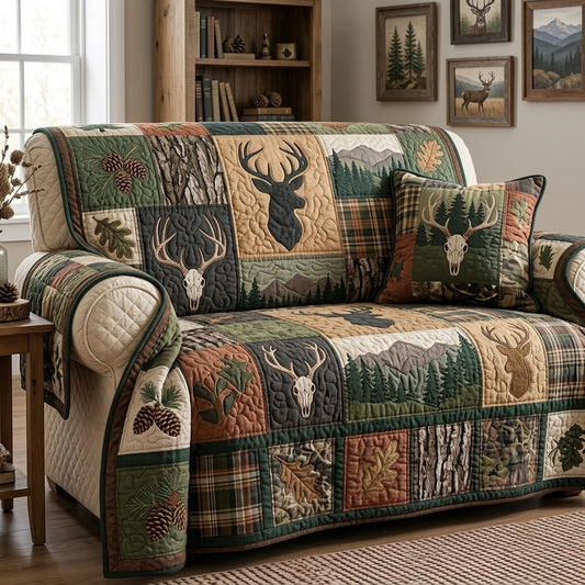 Woodland Deer Patchwork Quilted Sofa Cover GFTOPND3734