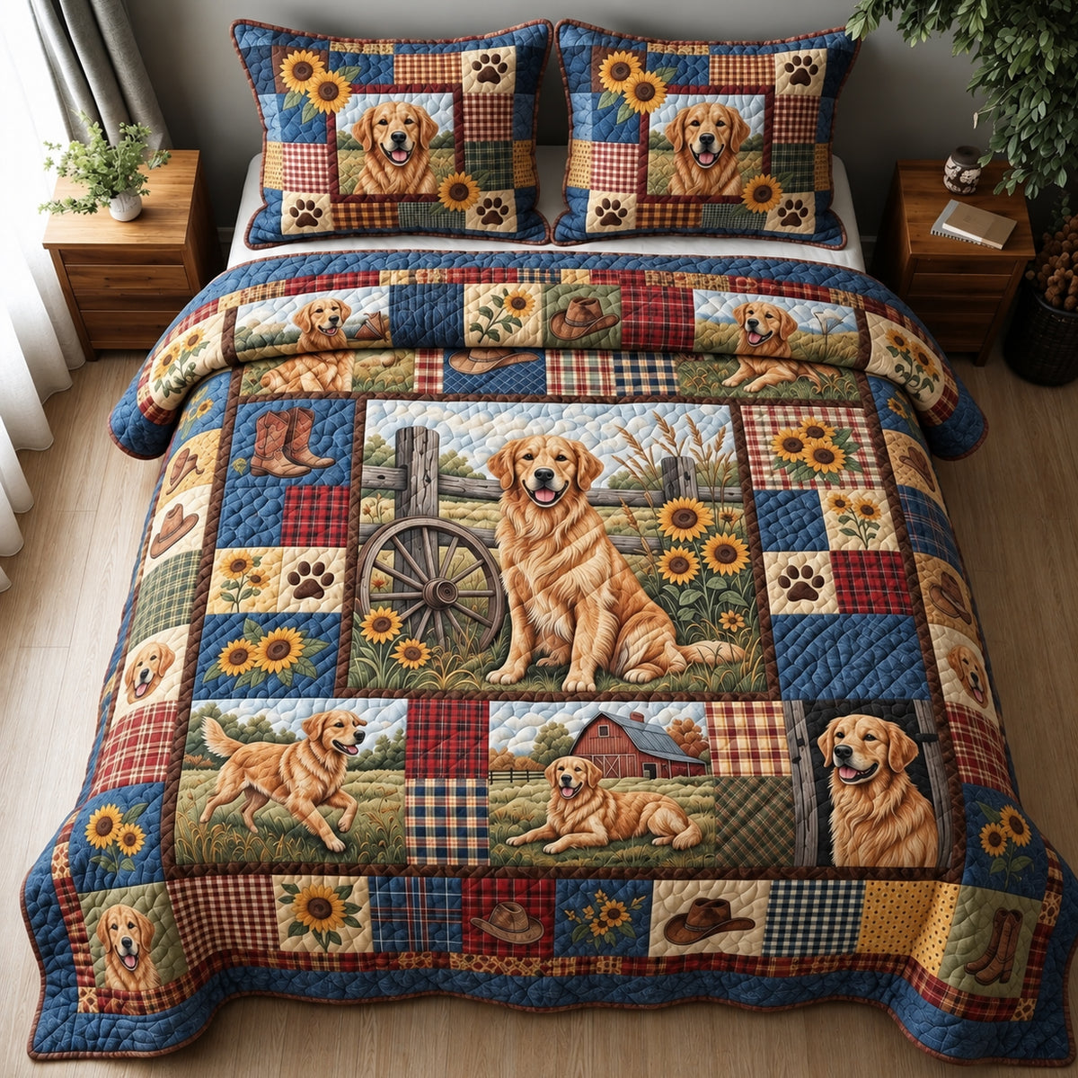 Country Patchwork Golden 3-Piece Quilted Bedding Set GFTOPND3746