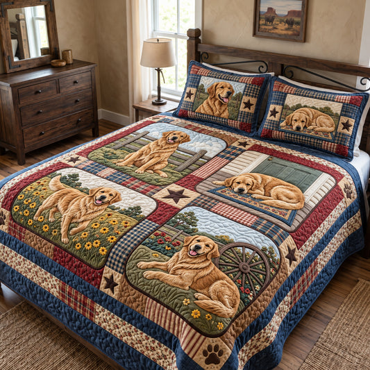 Golden Rustic Patchwork 3-Piece Quilted Bedding Set GFTOPND3748