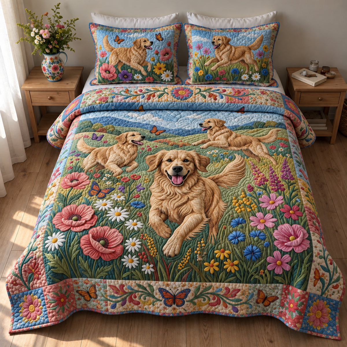 Golden Wildflower Zoomies 3-Piece Quilted Bedding Set GFTOPND3751