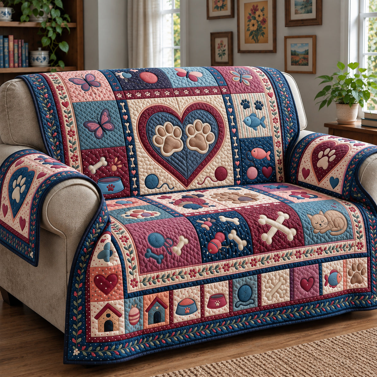 Heart Paw Quilted Sofa Cover GFTOPND3775