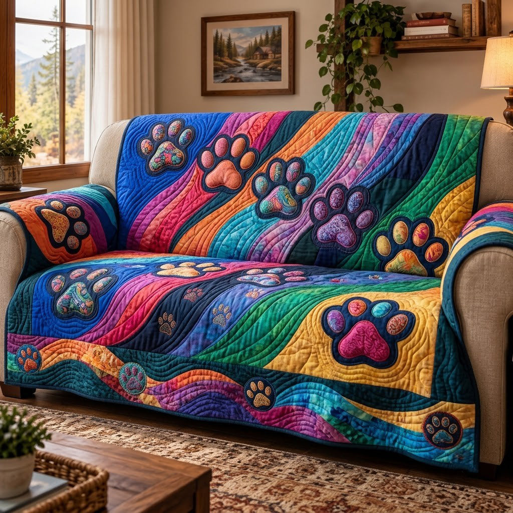 Colorful Paw Rainbow Quilted Sofa Cover GFTOPND3776