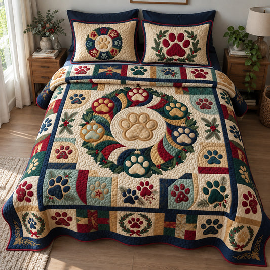 Christmas Paw Wreath Patchwork 3-Piece Quilted Bedding Set GFTOPND3785