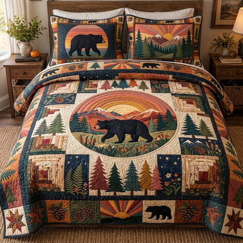 Sunset Bear Forest Patchwork 3-Piece Quilted Bedding Set GFTOPND3825
