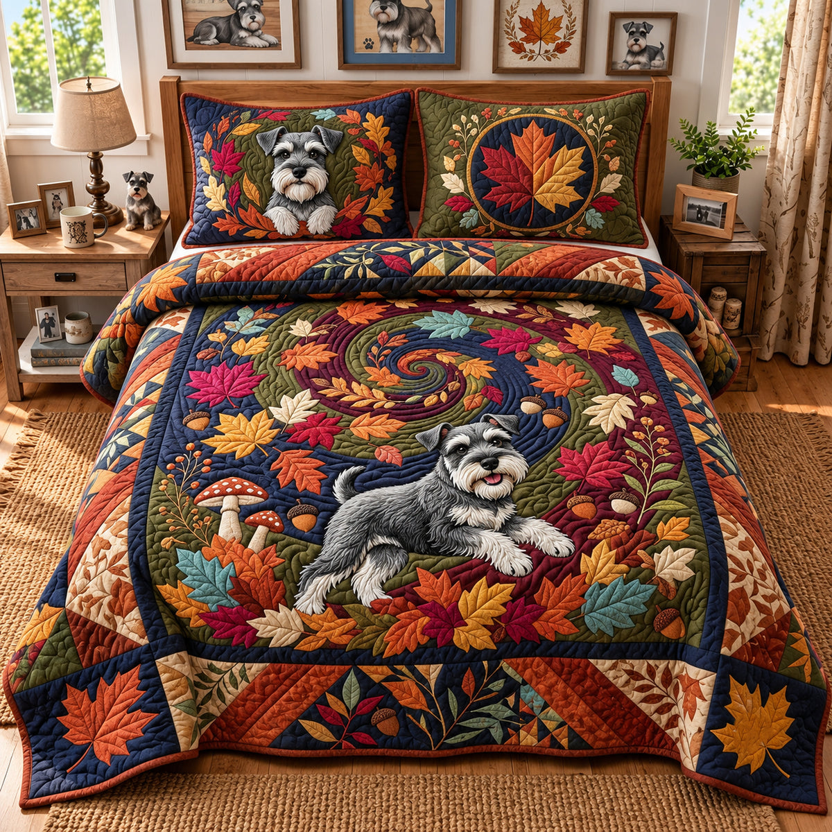 Schnauzer Autumn Leaf Whirlpool 3-Piece Quilted Bedding Set GFTOPND3881