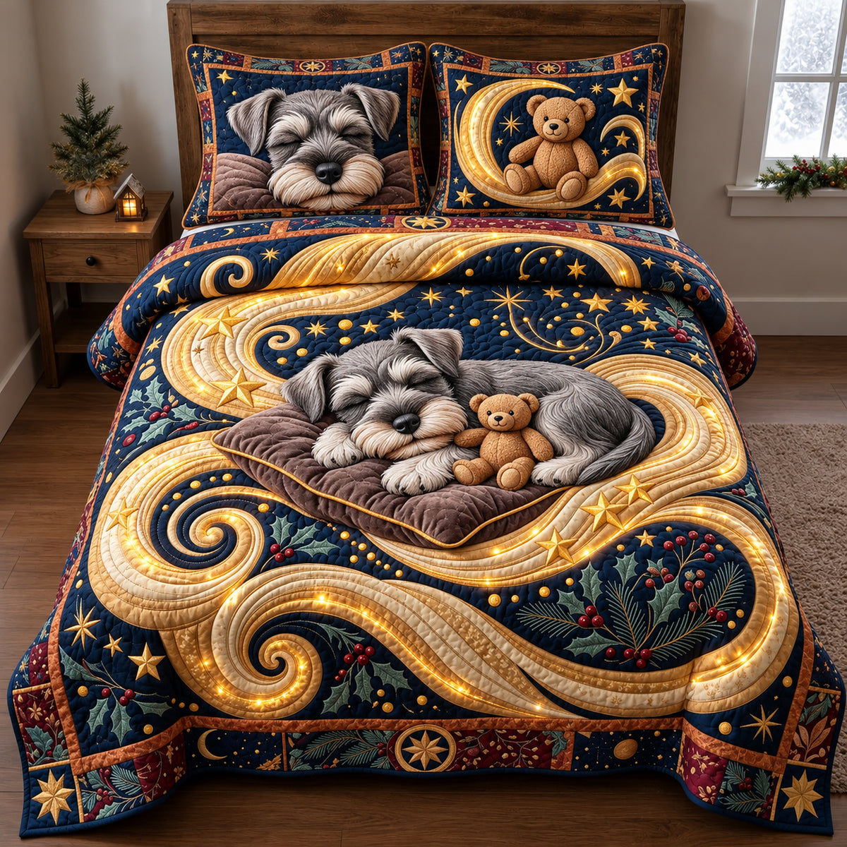 Schnauzer Starlight Teddy Cuddles 3-Piece Quilted Bedding Set GFTOPND3888