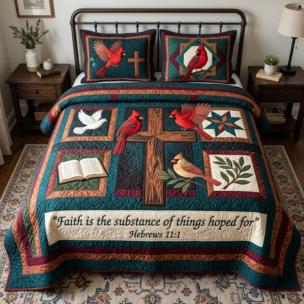 Cardinals Around the Cross 3-Piece Quilted Bedding Set GFTOPND3912