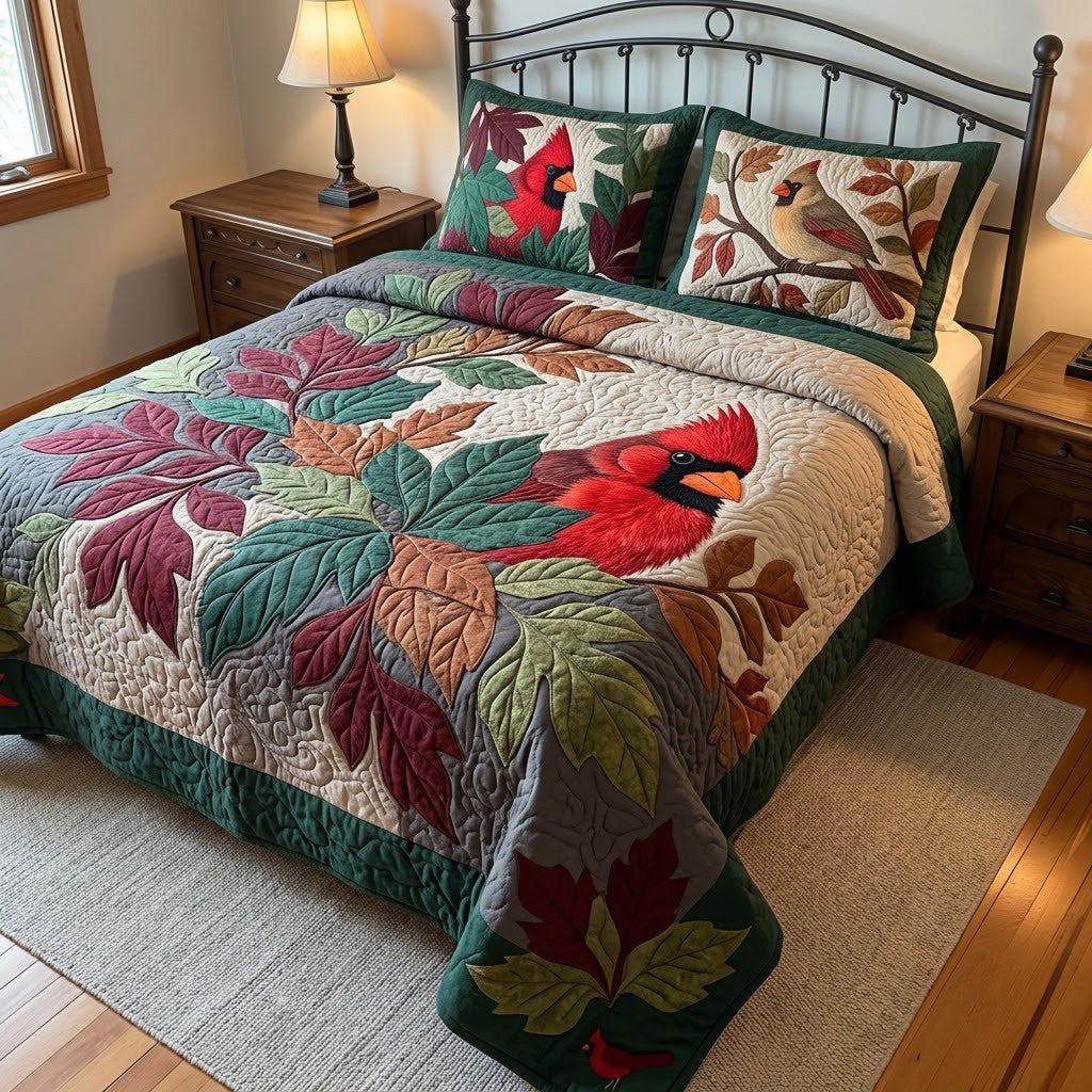 Cardinal Hidden In Leaves 3-Piece Quilted Bedding Set GFTOPND3938