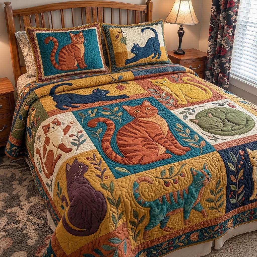 Whimsical Cat Parade 3-Piece Quilted Bedding Set GFTOPND3943
