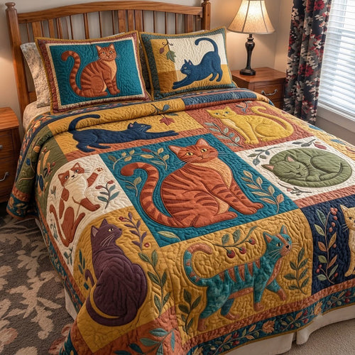 Whimsical Cat Parade 3-Piece Quilted Bedding Set GFTOPND3943
