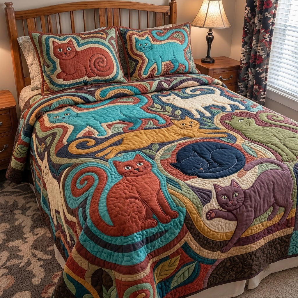 Cats In Colorful Maze 3-Piece Quilted Bedding Set GFTOPND3944