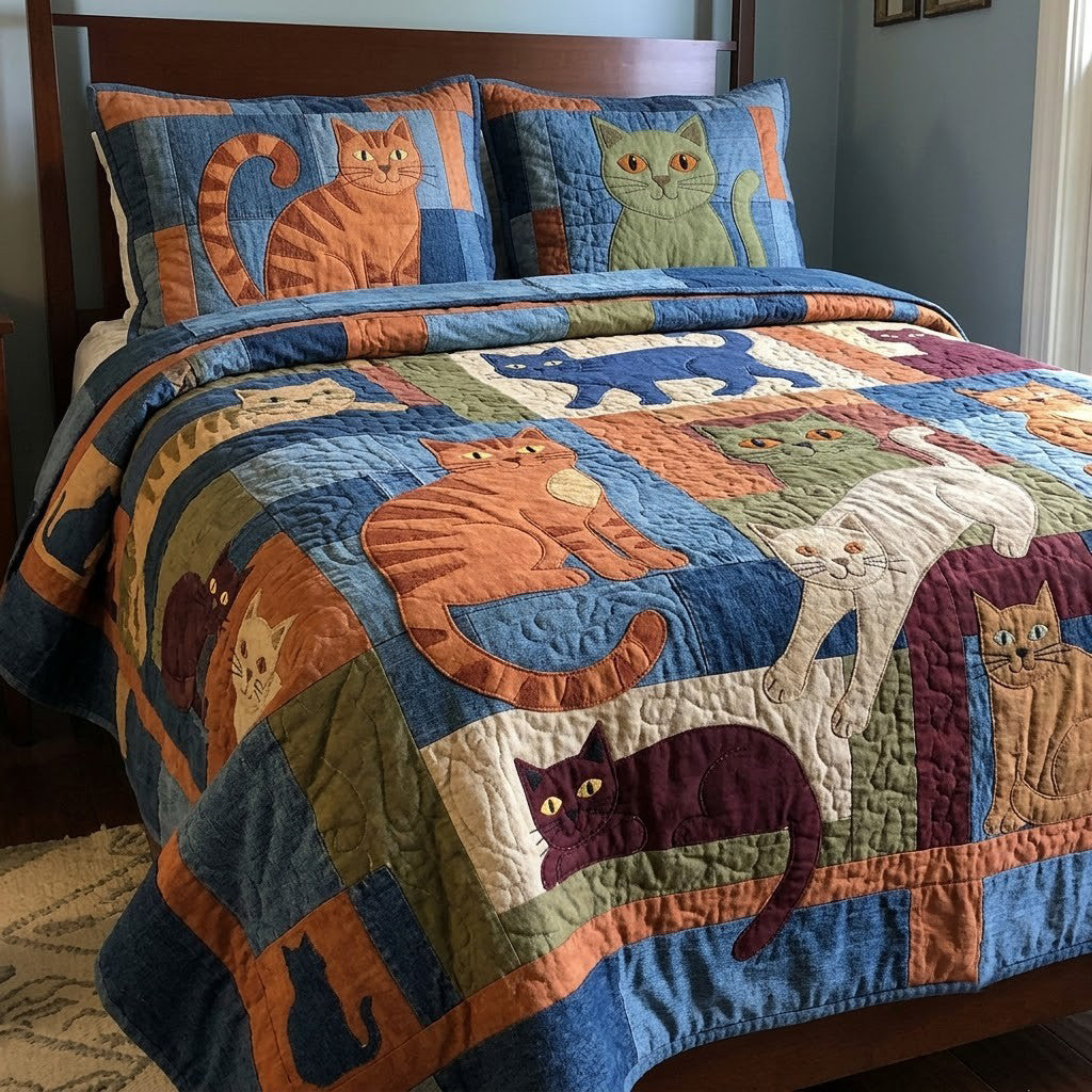 Denim Cats 3-Piece Quilted Bedding Set GFTOPND3948