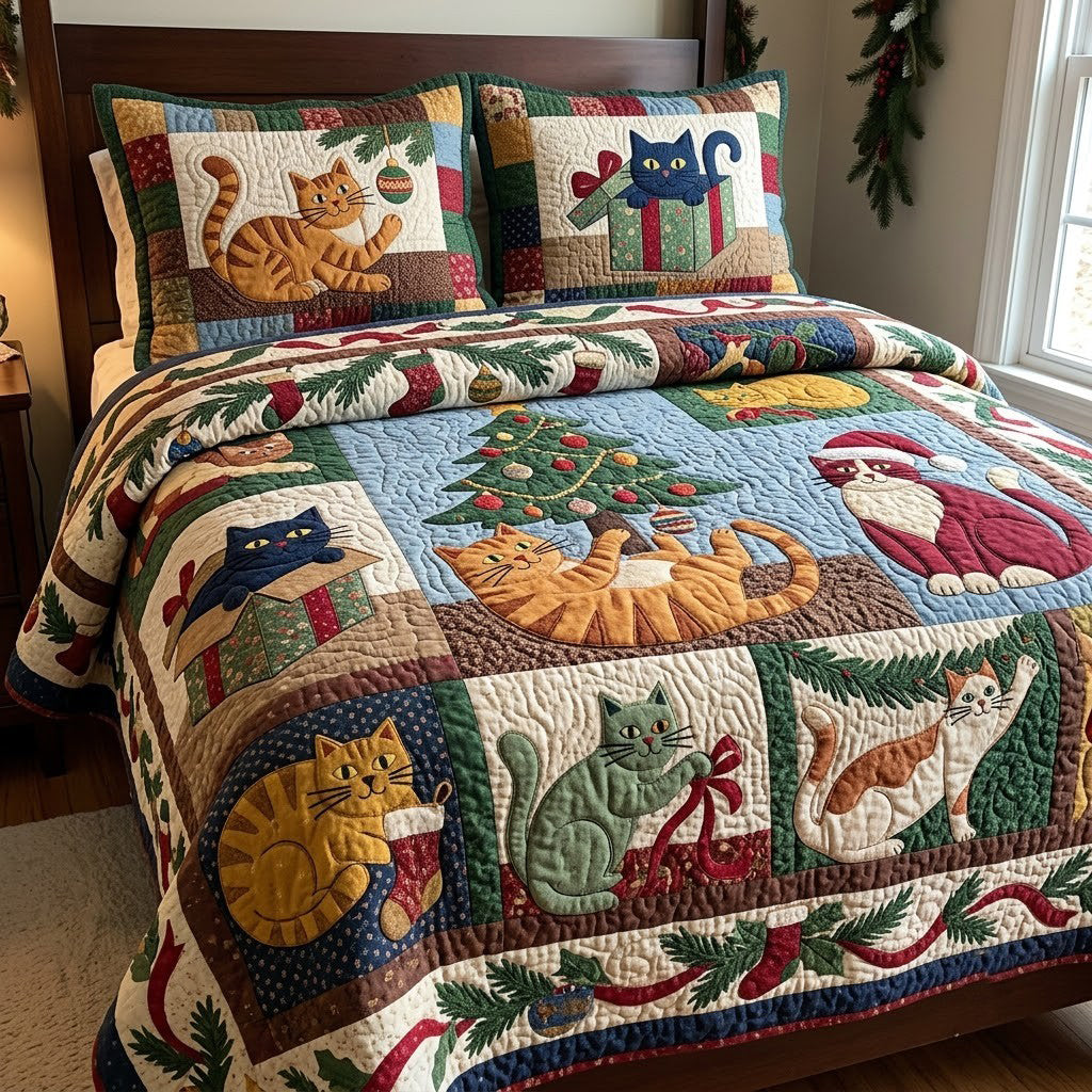 Christmas Cats Party 3-Piece Quilted Bedding Set GFTOPND3950