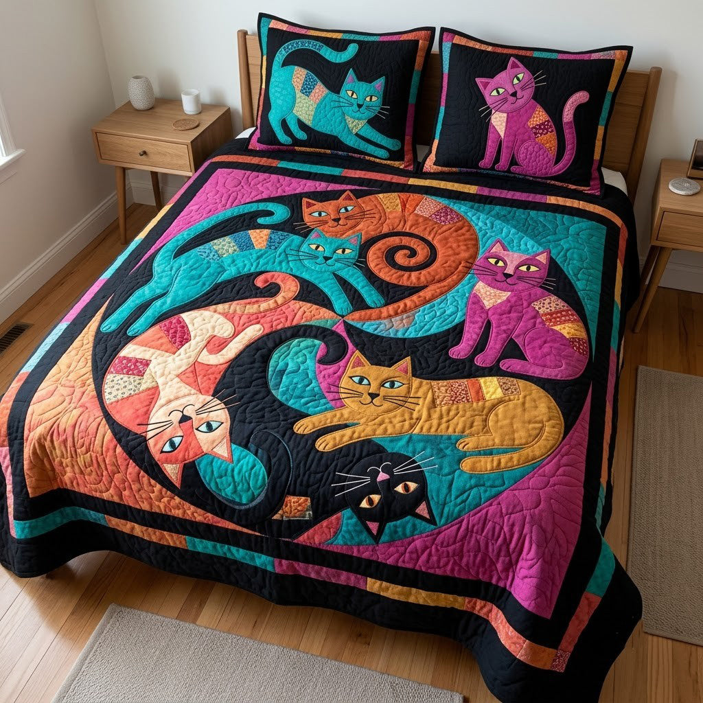 Cat Kaleidoscope 3-Piece Quilted Bedding Set GFTOPND3951