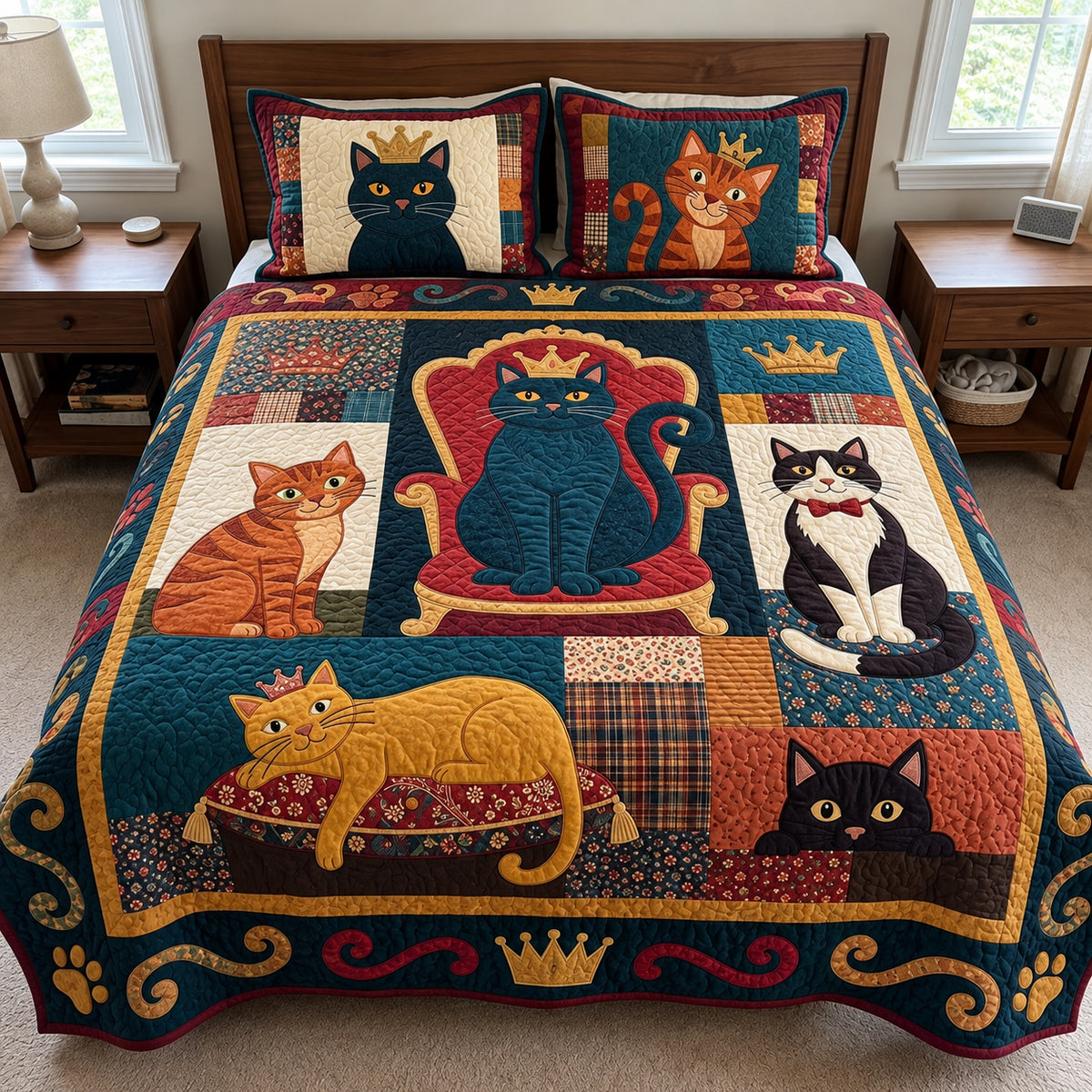 Cat Patchwork Royalty 3-Piece Quilted Bedding Set GFTOPND3954
