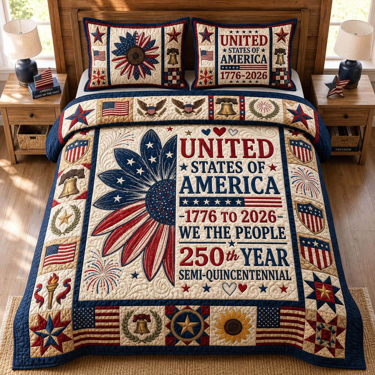 America 250th Anniversary Sunflower 3-Piece Quilted Bedding Set GFTOPND397