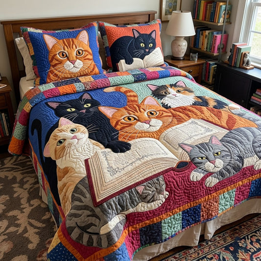 Cat Book Club Chaos 3-Piece Quilted Bedding Set GFTOPND3994