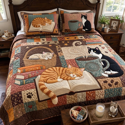 Cats Coffee And Books 3-Piece Quilted Bedding Set GFTOPND3995