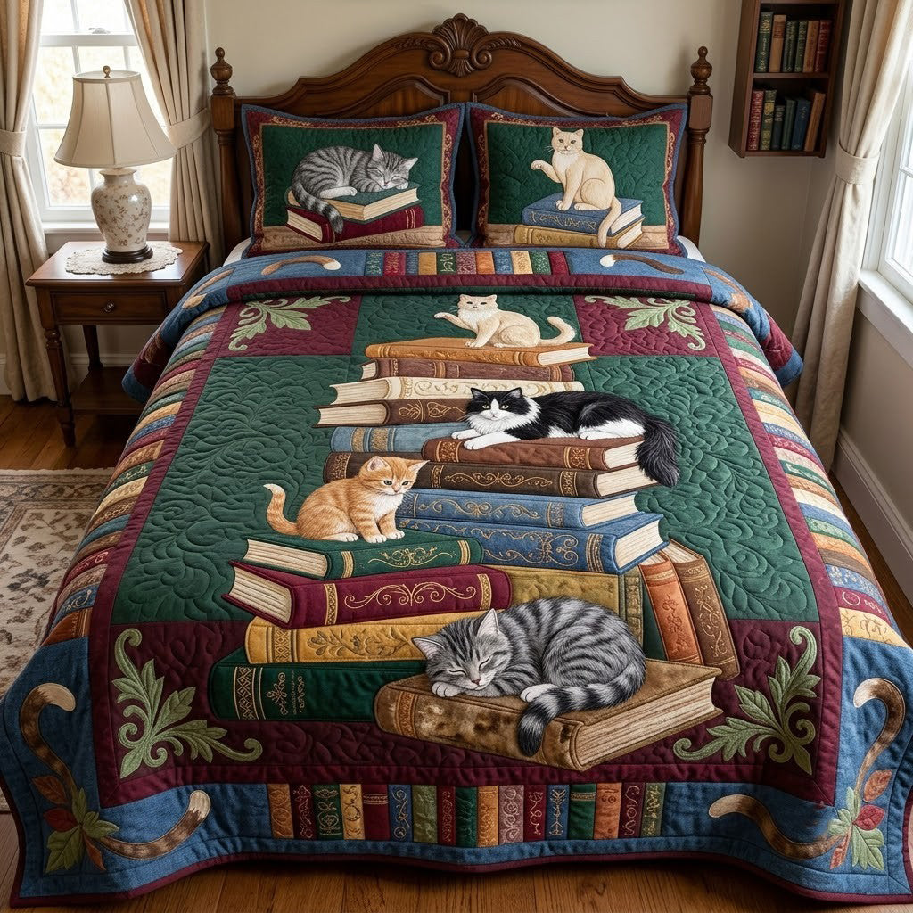 Cat Library Tower 3-Piece Quilted Bedding Set GFTOPND3996
