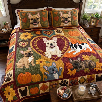 Frenchie Autumn Folk Hearts 3-Piece Quilted Bedding Set GFTOPND4034