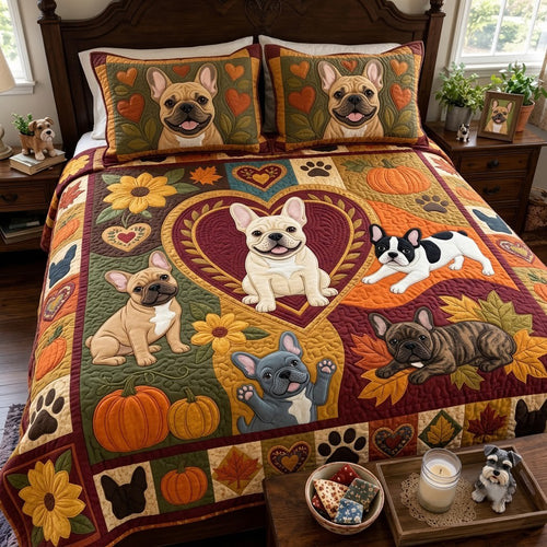 Frenchie Autumn Folk Hearts 3-Piece Quilted Bedding Set GFTOPND4034