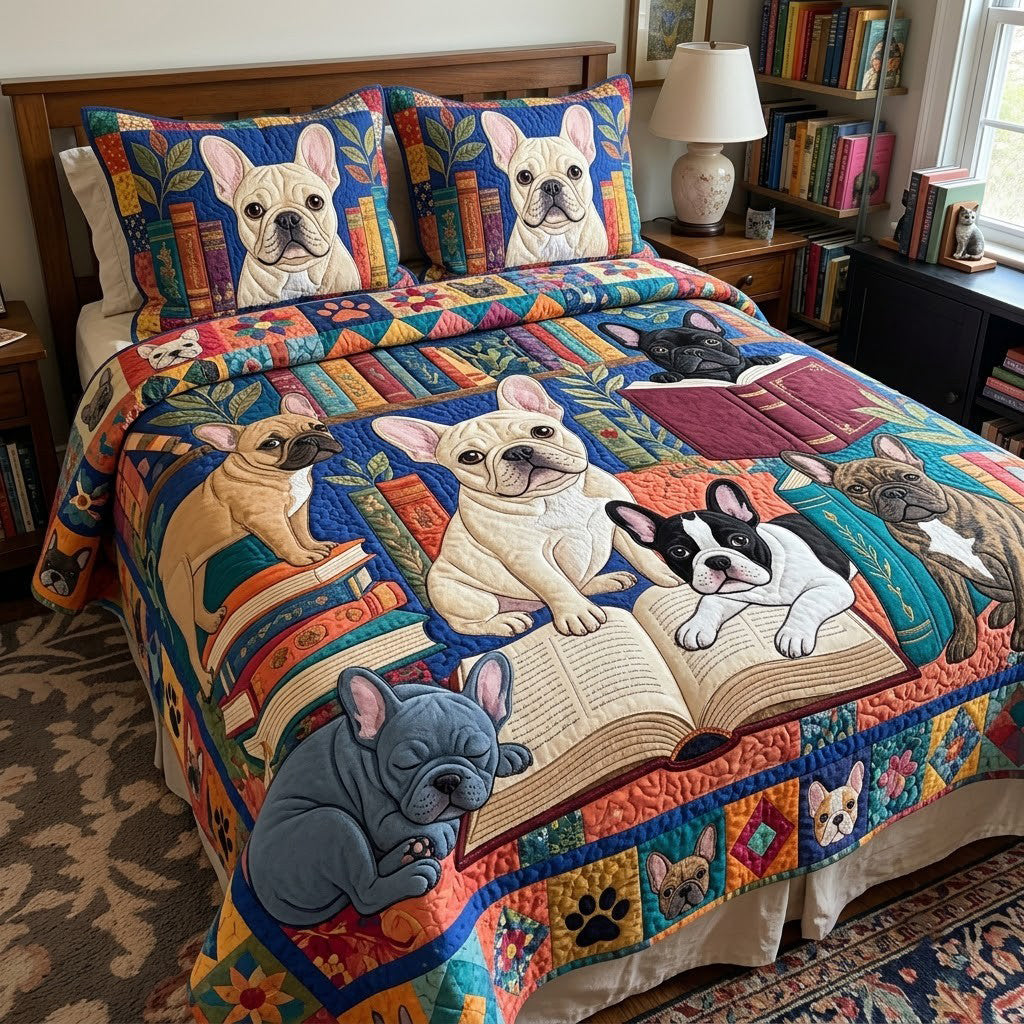 Frenchie Book Club 3-Piece Quilted Bedding Set GFTOPND4035