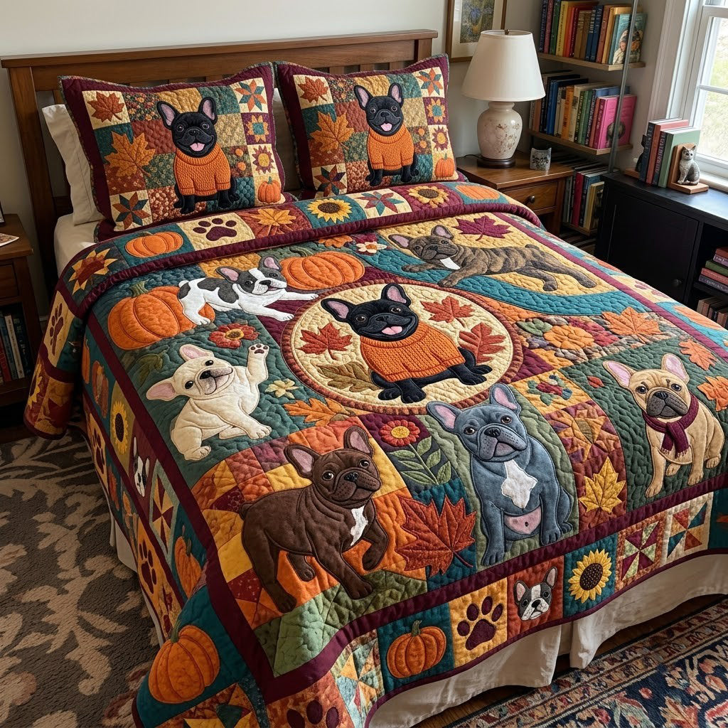Frenchie Harvest Mischief 3-Piece Quilted Bedding Set GFTOPND4038