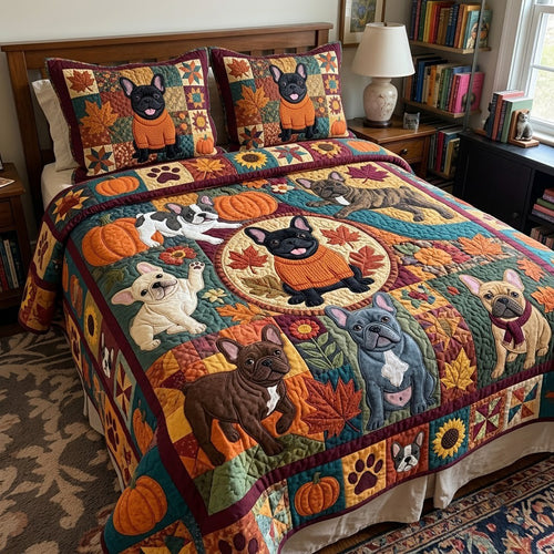 Frenchie Harvest Mischief 3-Piece Quilted Bedding Set GFTOPND4038