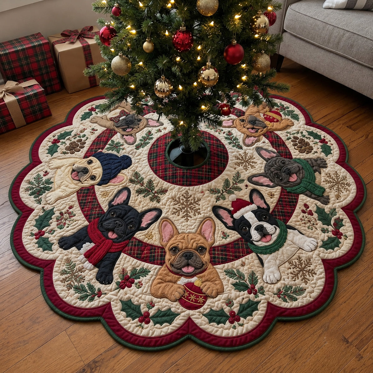 Frenchie Peekaboo Parade Custom Shape Christmas Quilted Tree Skirt GFTOPND4055