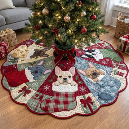 Frenchie Stocking Surprise Custom Shape Christmas Quilted Tree Skirt GFTOPND4059