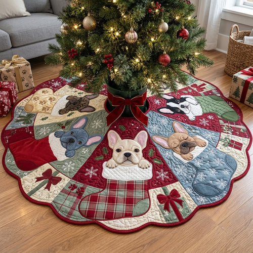 Frenchie Stocking Surprise Custom Shape Christmas Quilted Tree Skirt GFTOPND4059