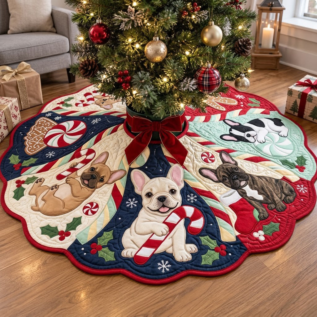 Frenchie Candy Cane Carousel Custom Shape Christmas Quilted Tree Skirt GFTOPND4075