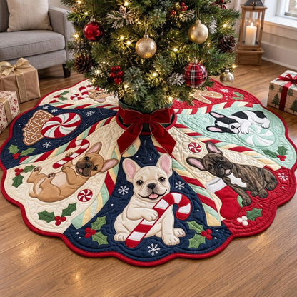 Frenchie Candy Cane Carousel Custom Shape Christmas Quilted Tree Skirt GFTOPND4075