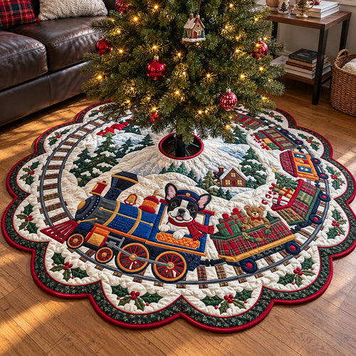 Frenchie Christmas Train Adventure Custom Shape Christmas Quilted Tree Skirt GFTOPND4082