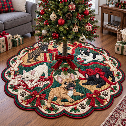 Frenchie Little Adventurers Custom Shape Christmas Quilted Tree Skirt GFTOPND4083