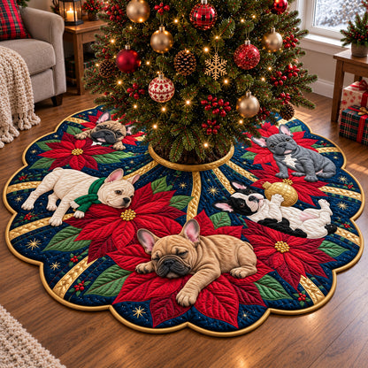 Frenchie Poinsettia Paradise Custom Shape Christmas Quilted Tree Skirt GFTOPND4085