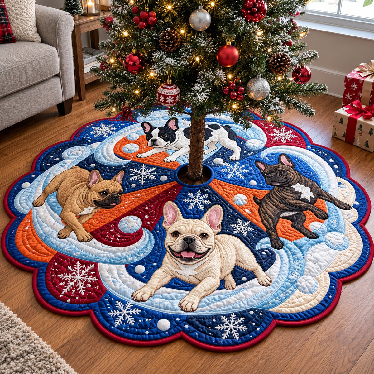 Frenchie Snowball Chase Custom Shape Christmas Quilted Tree Skirt GFTOPND4086