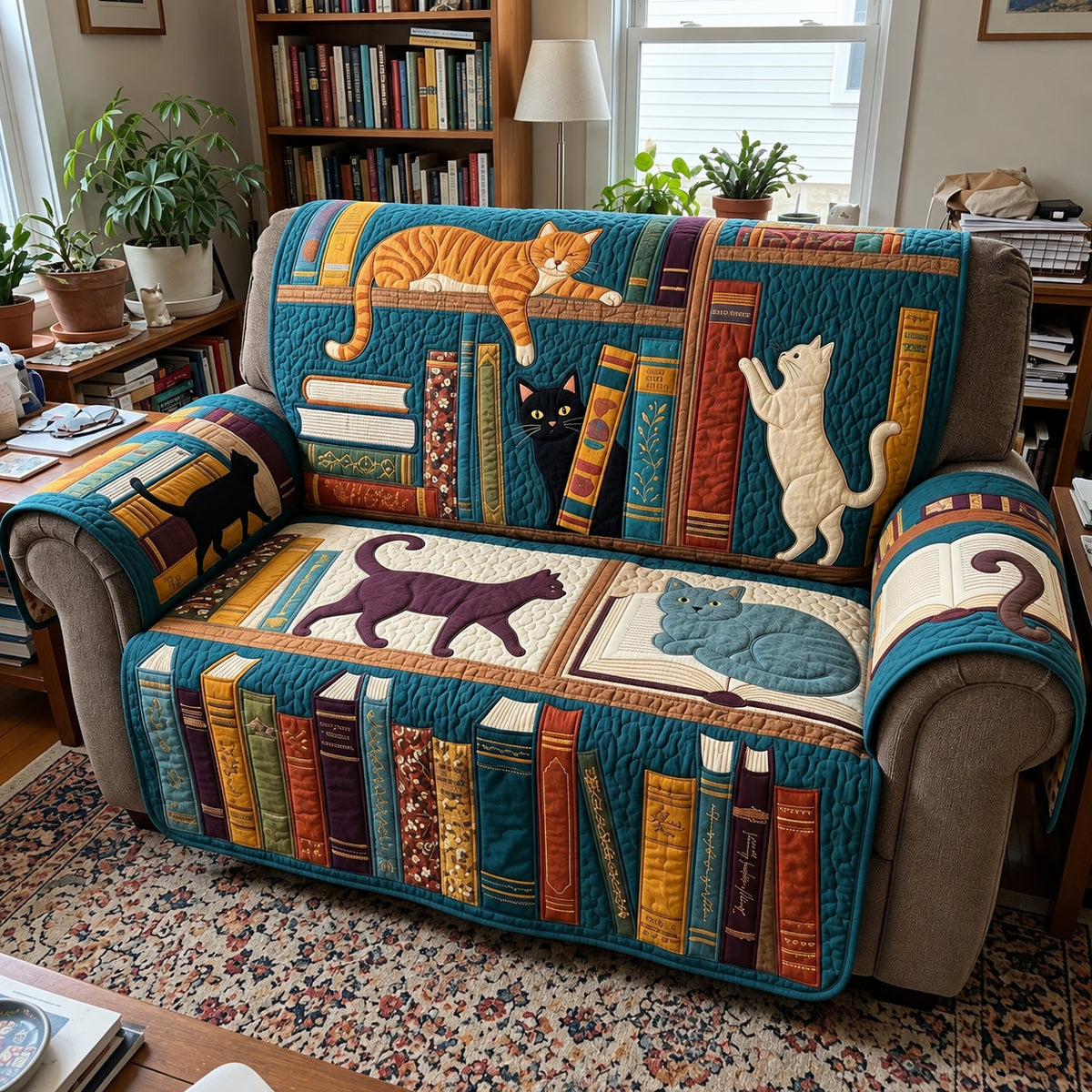 Cats Between The Books Quilted Sofa Cover GFTOPND4089