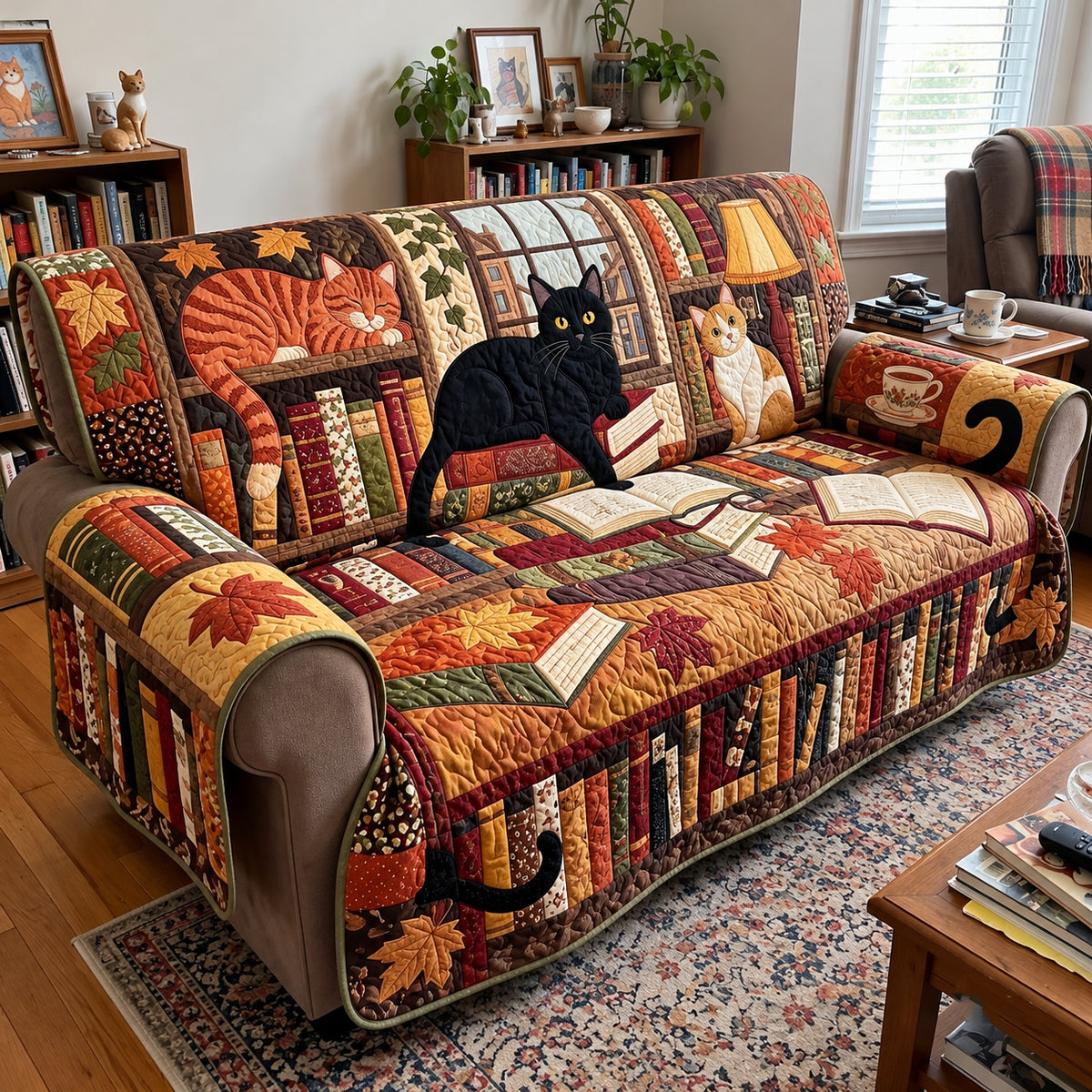 Autumn Cat Bookshop Quilted Sofa Cover GFTOPND4092