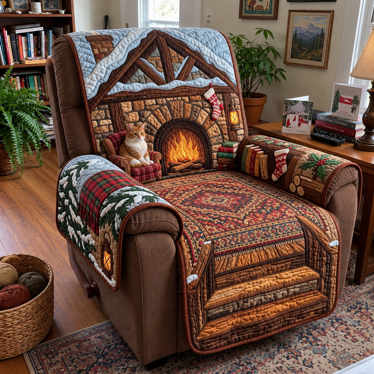 Christmas Fireplace Beneath Quilted Sofa Cover GFTOPND4098