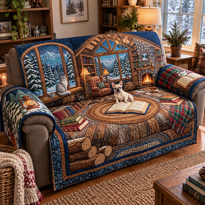 Blue Winter Reading Lodge Quilted Sofa Cover GFTOPND4101