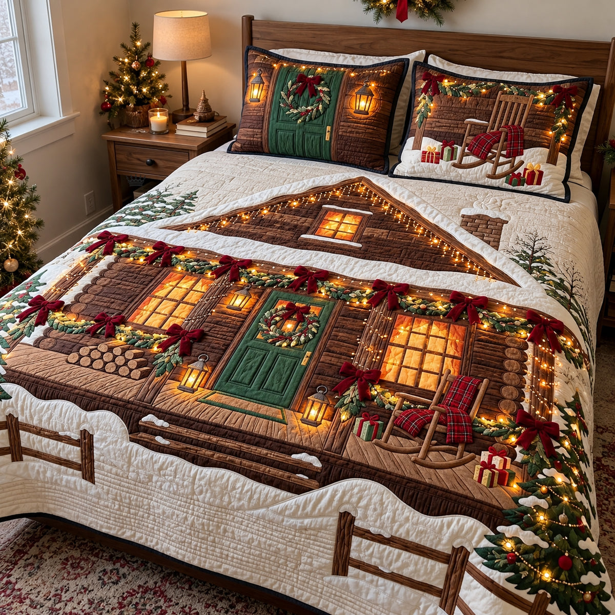 Warm Lights Christmas Porch 3-Piece Quilted Bedding Set GFTOPND4105