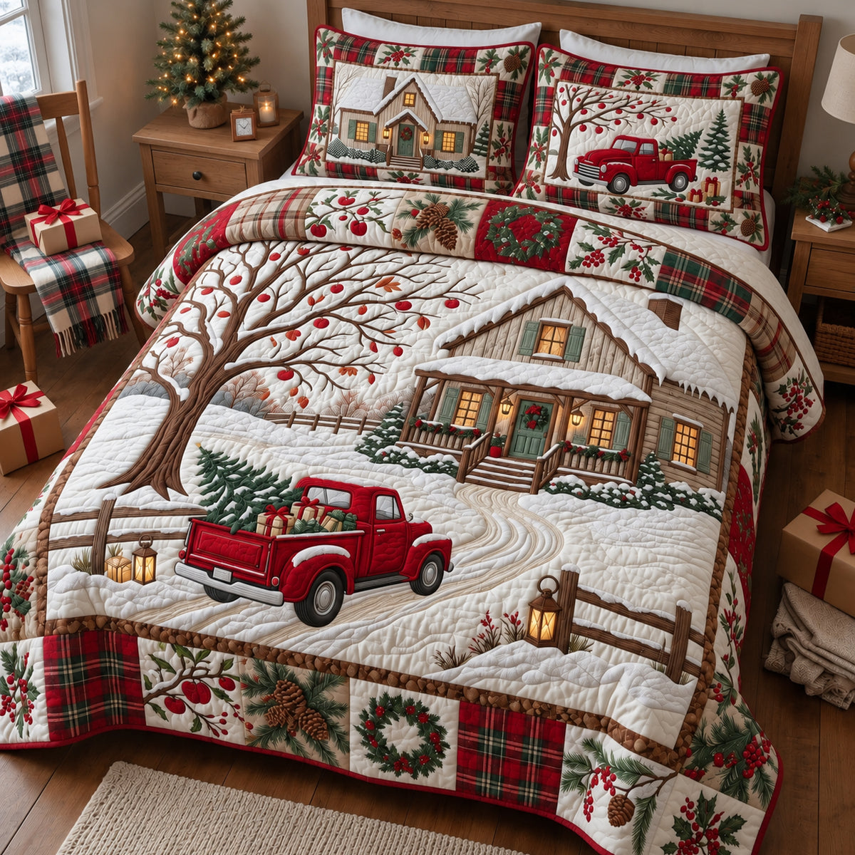 Christmas Farmhouse Orchard 3-Piece Quilted Bedding Set GFTOPND4111