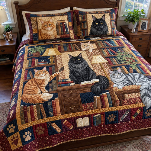 Maine Coon Library Club 3-Piece Quilted Bedding Set GFTOPND4117