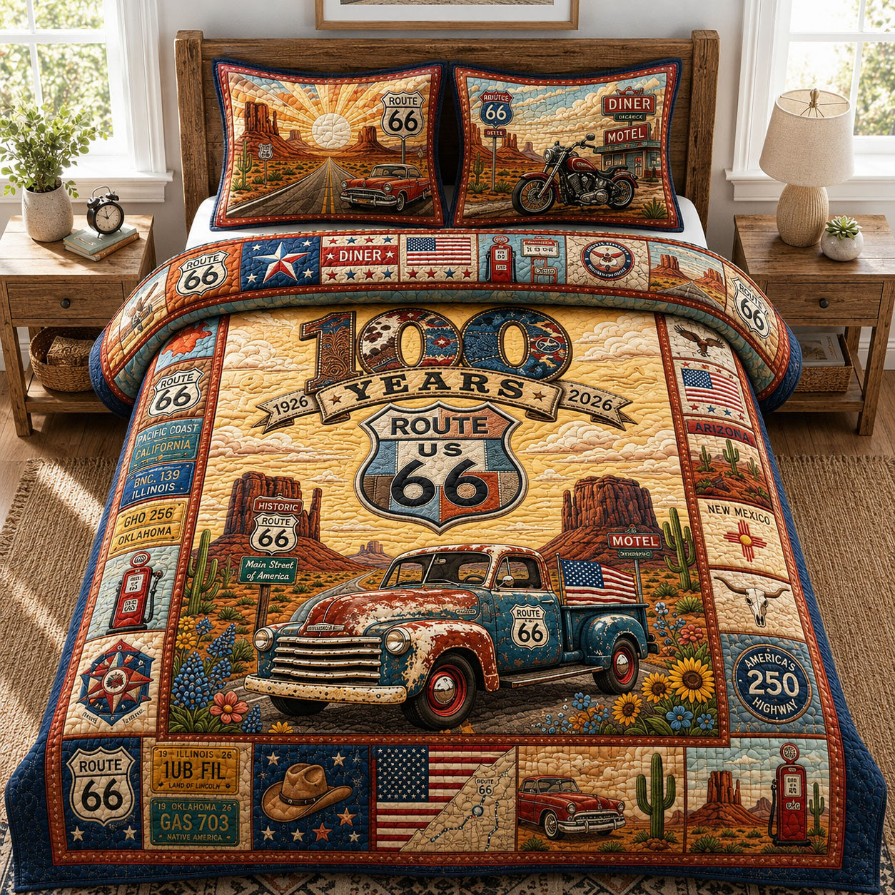 Vintage Truck Route 66 3-Piece Quilted Bedding Set GFTOPND544