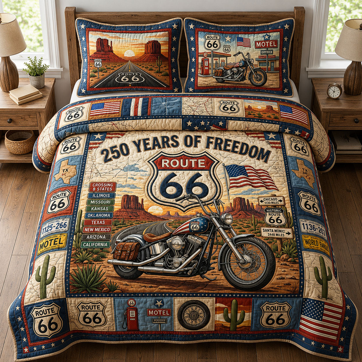 Vintage Motorbike Route 66 3-Piece Quilted Bedding Set GFTOPND545
