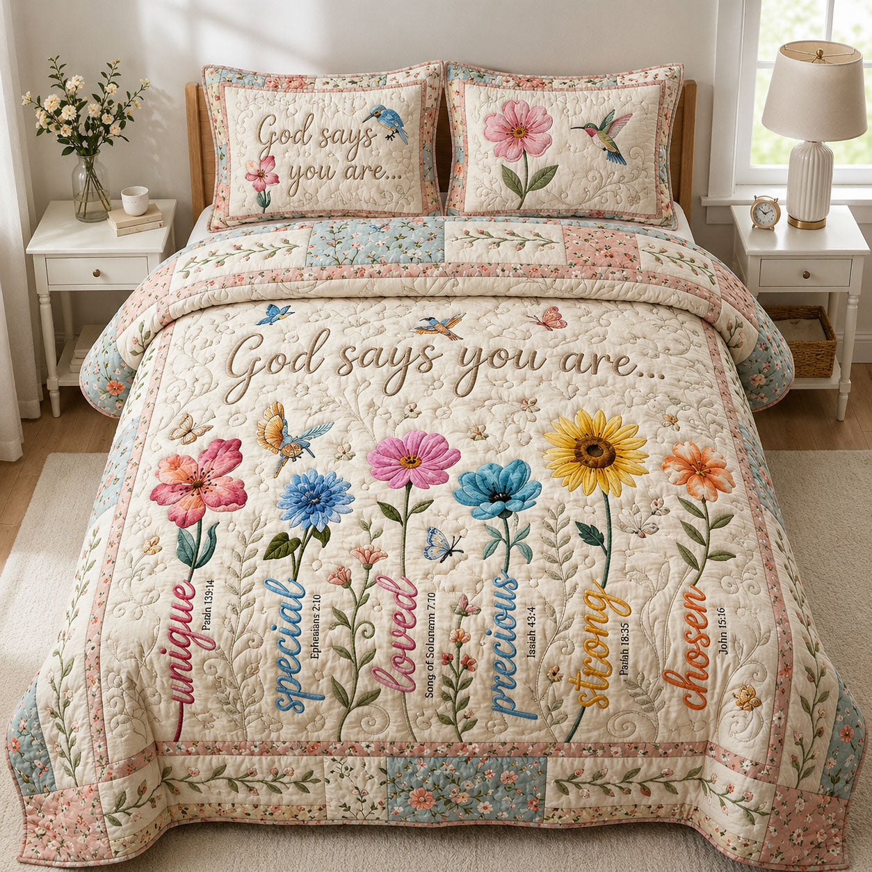 Flower Bible Verses 3-Piece Quilted Bedding Set GFTOPND584