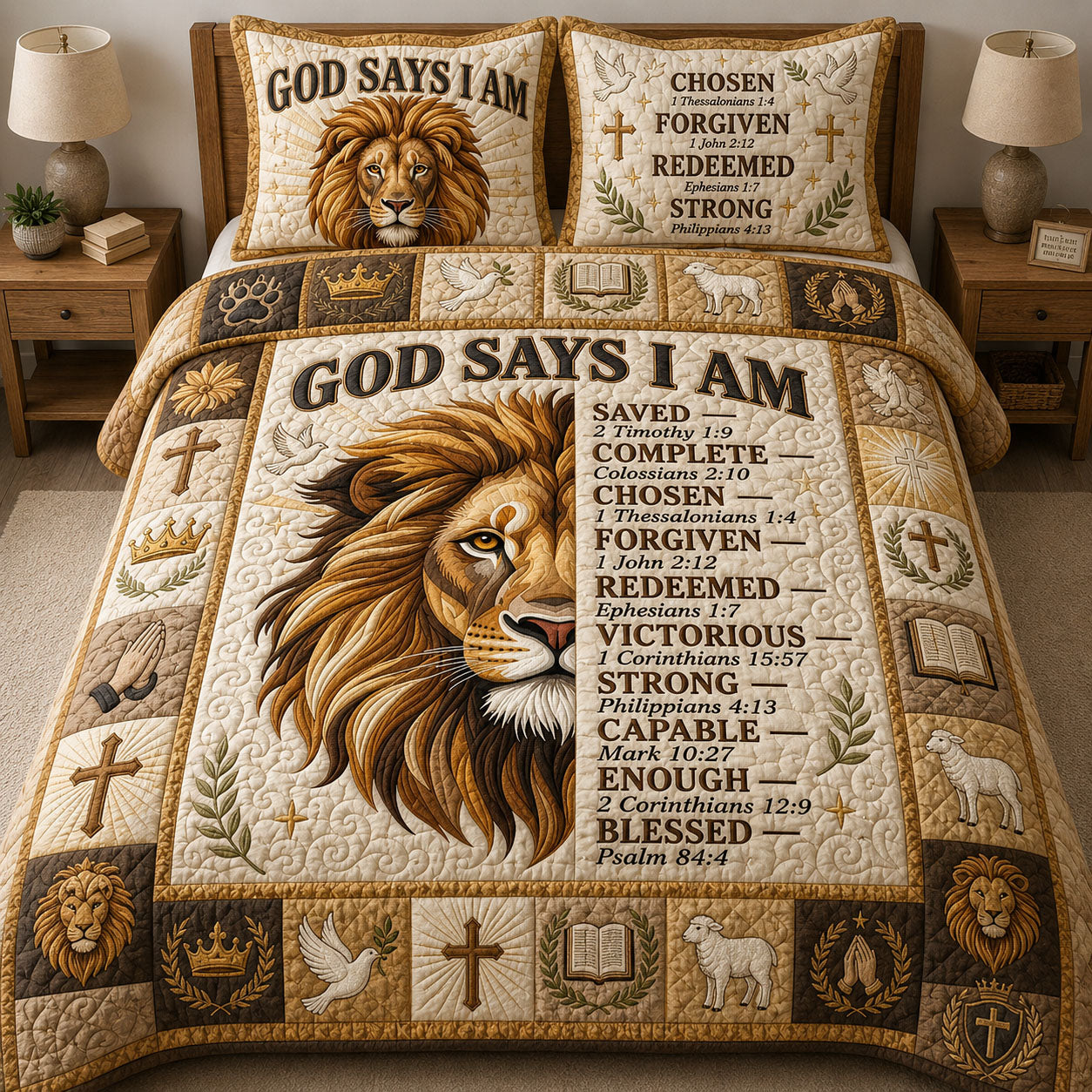 Lion Bible Verses 3-Piece Quilted Bedding Set GFTOPND586