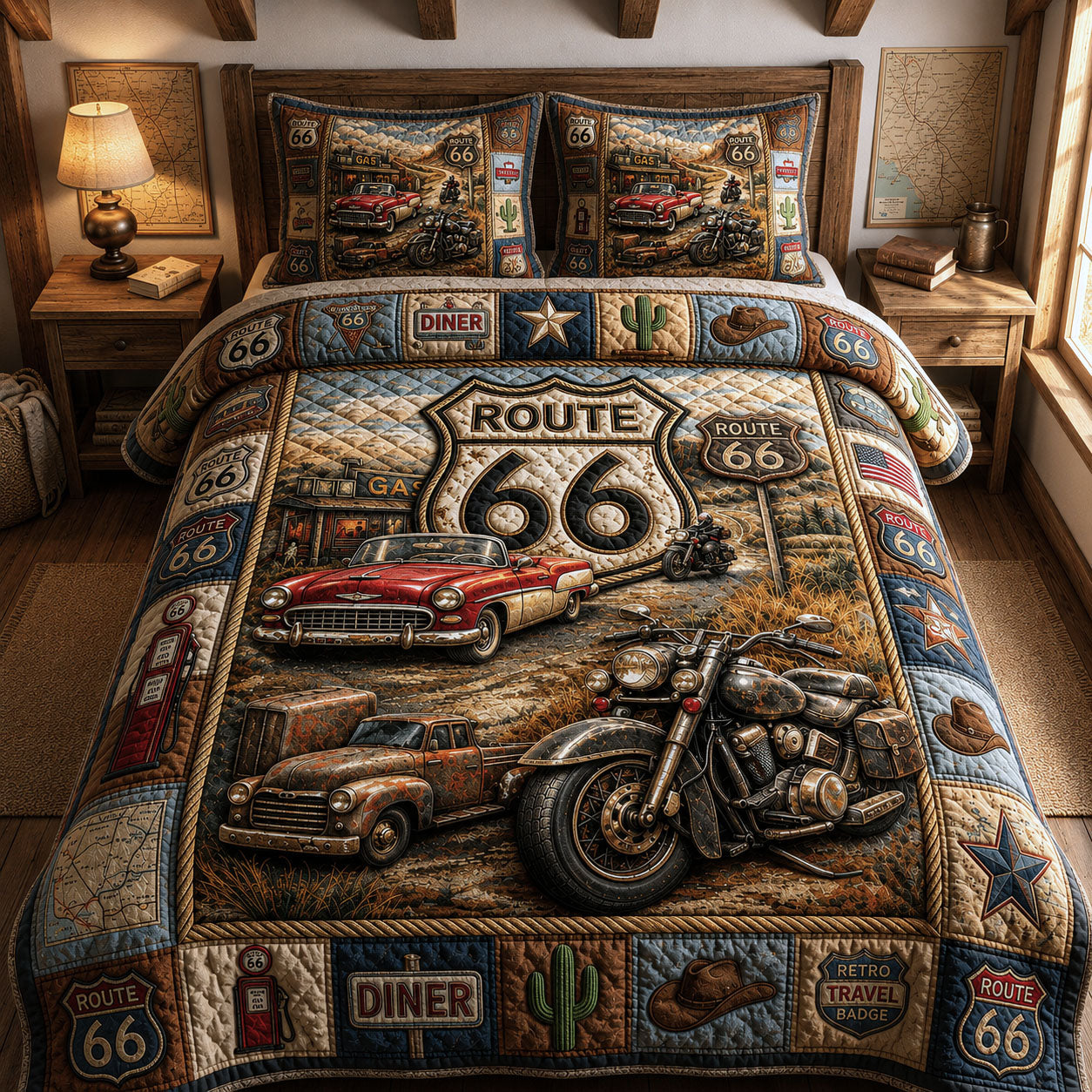 Vintage Vehicles Highway 3-Piece Quilted Bedding Set GFTOPND590
